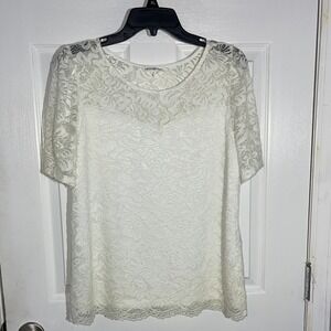 Perseption Concept Women's Lace Blouse Size Large Ivory Short Sleeve